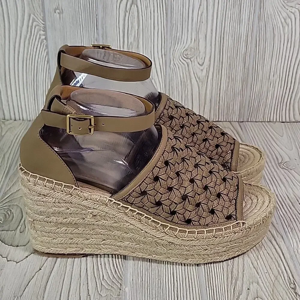 Tory Burch Basketweave Espadrille Wedge Leather Sandals Womens 10.5 NEW